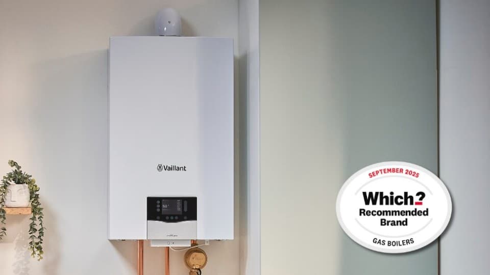 Vaillant ecoTEC plus boiler installed on the wall with the Which? recommended brand logo next to it.