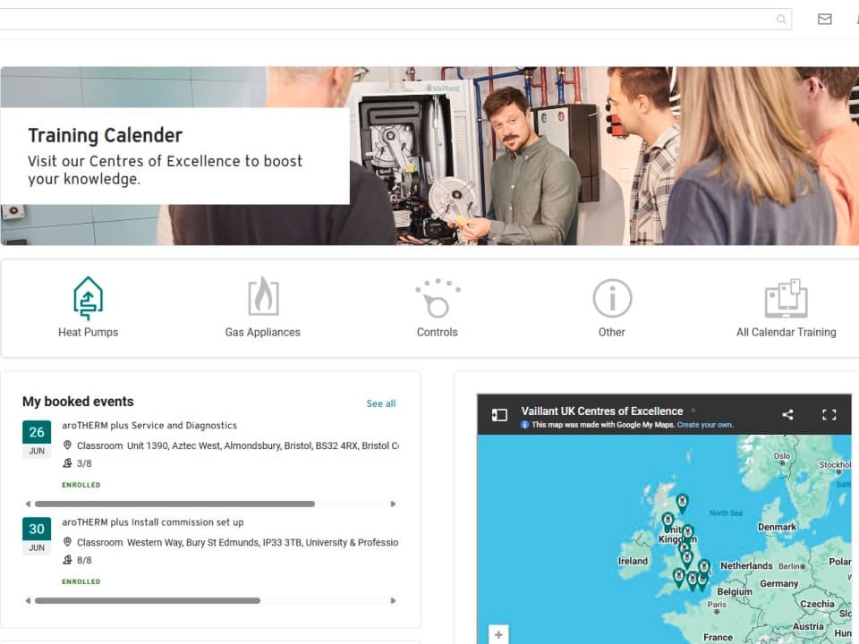Screenshot of the Vaillant Academy showing the Training Calendar page