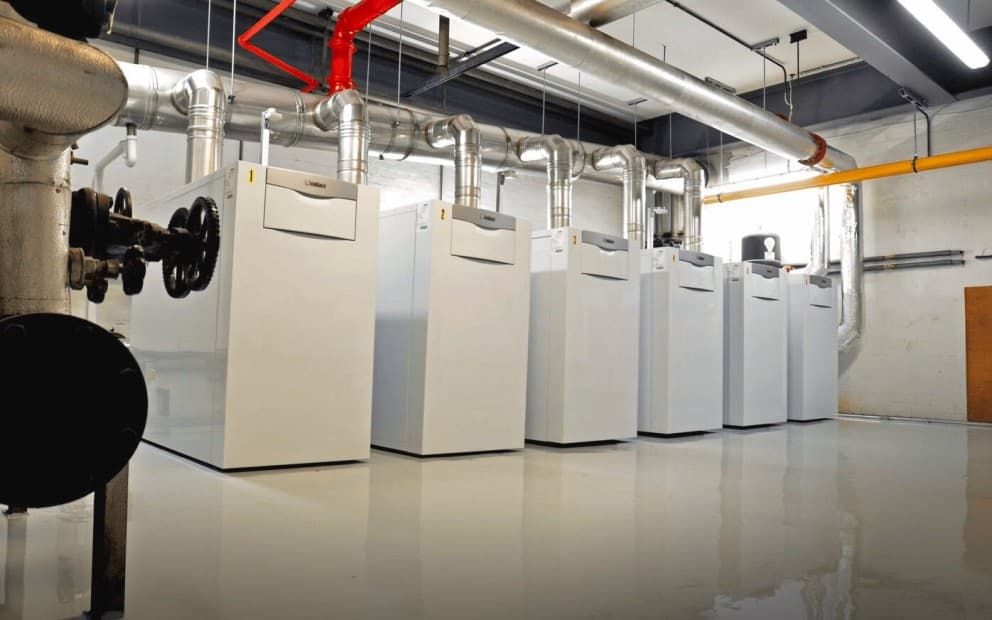 A row of heat pump units lined up in a factory setting, showcasing their metallic design and functional arrangement.