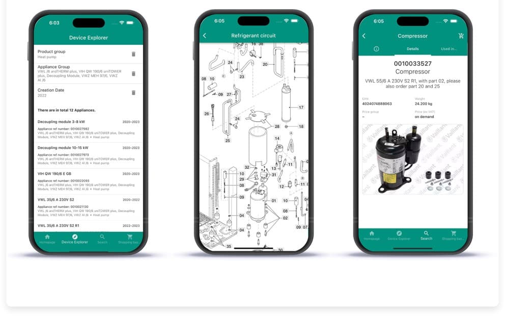 Three mobile phones all showing different views of the spareCHECK app.