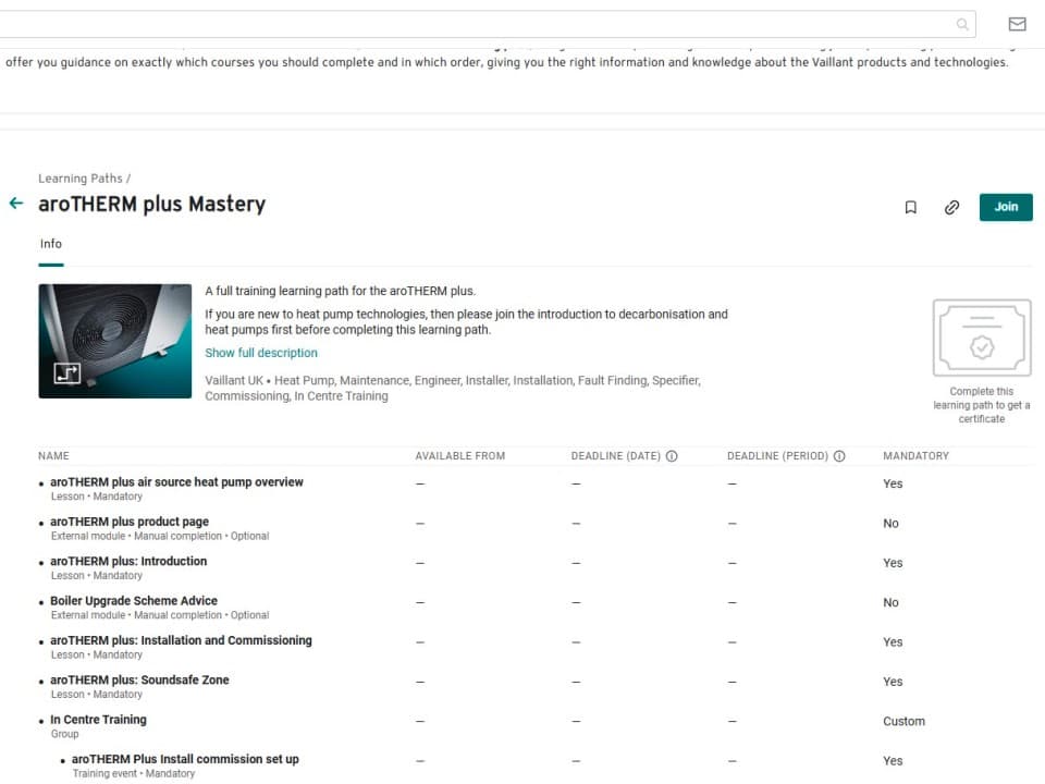 Screenshot of the Vaillant Academy showing the aroTHERM plus Mastery course list.
